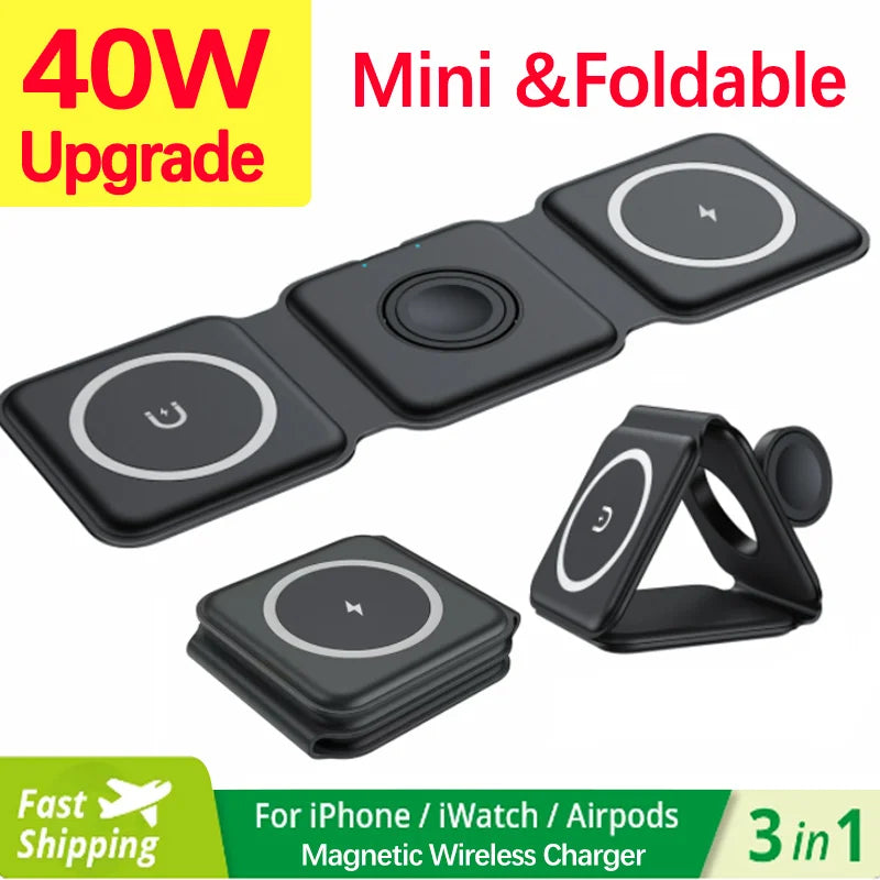 40W 3 in 1 Wireless Charger Pad Stand Magnetic Fast Charging Dock Station for iPhone 15 14 13 12 11 8 X XR Apple Watch Airpods